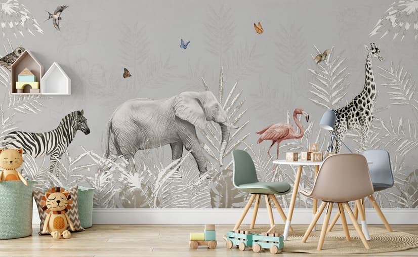 Tropical Animals with Leafs Wallpaper Mural For Children