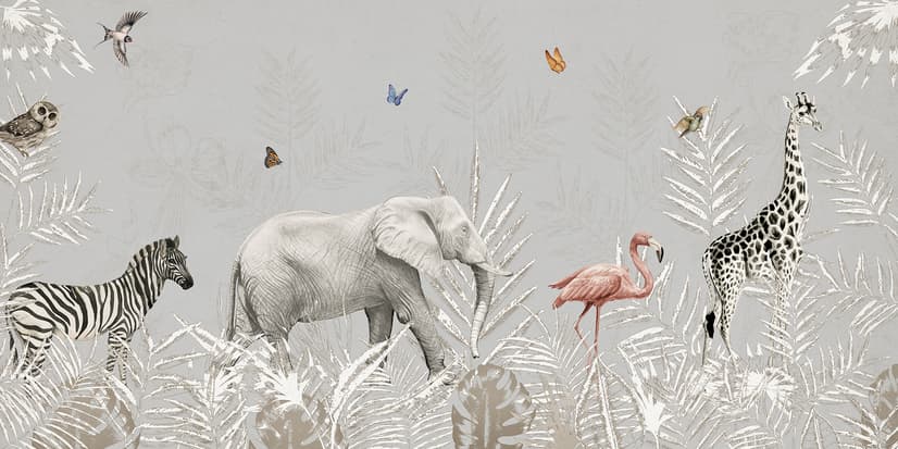Tropical Animals with Leafs Wallpaper Mural For Children