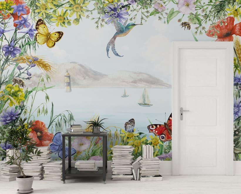 Sea View with Garden Flowers Wallpaper Mural
