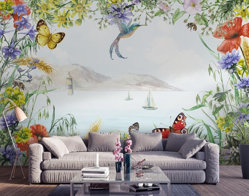 Sea View with Garden Flowers Wallpaper Mural