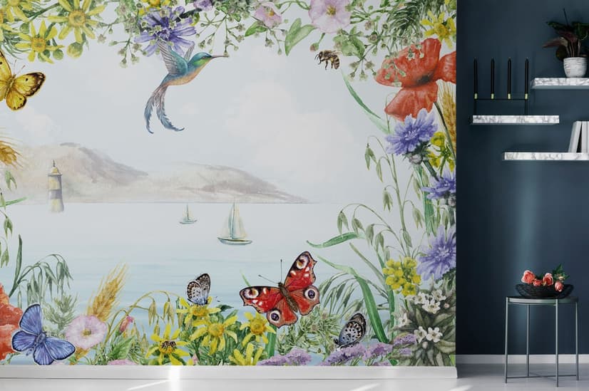 Sea View with Garden Flowers Wallpaper Mural