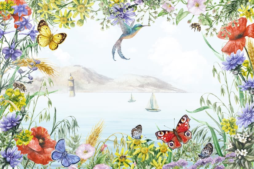 Sea View with Garden Flowers Wallpaper Mural