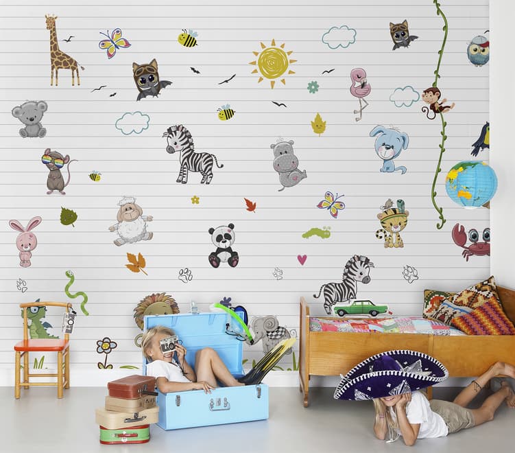Cute Baby Animals with Sun Wallpaper Mural