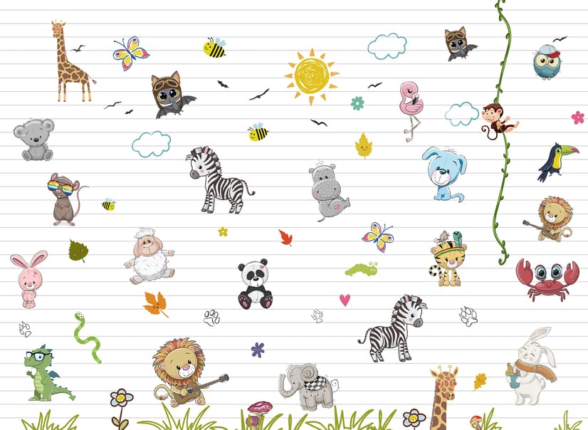 Cute Baby Animals with Sun Wallpaper Mural