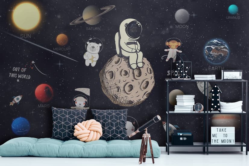 Astronaut and Animals in Space Wallpaper Mural for Children