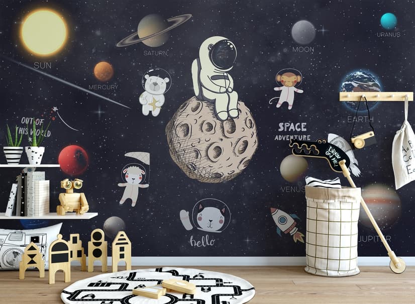 Astronaut and Animals in Space Wallpaper Mural for Children