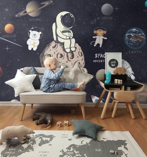 Astronaut and Animals in Space Wallpaper Mural for Children