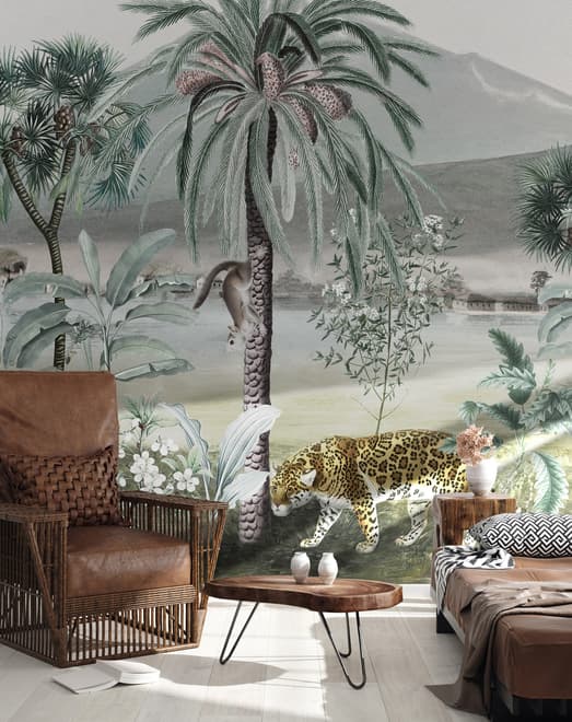 Vintage Exotic Landscape with Wild Animals Wallpaper Mural