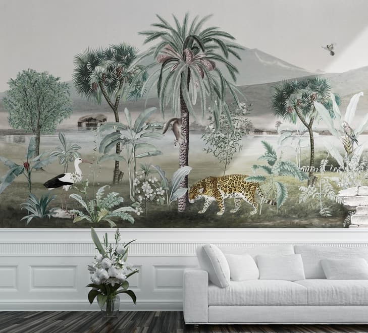 Vintage Exotic Landscape with Wild Animals Wallpaper Mural