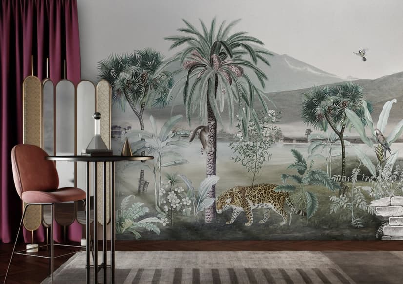 Vintage Exotic Landscape with Wild Animals Wallpaper Mural