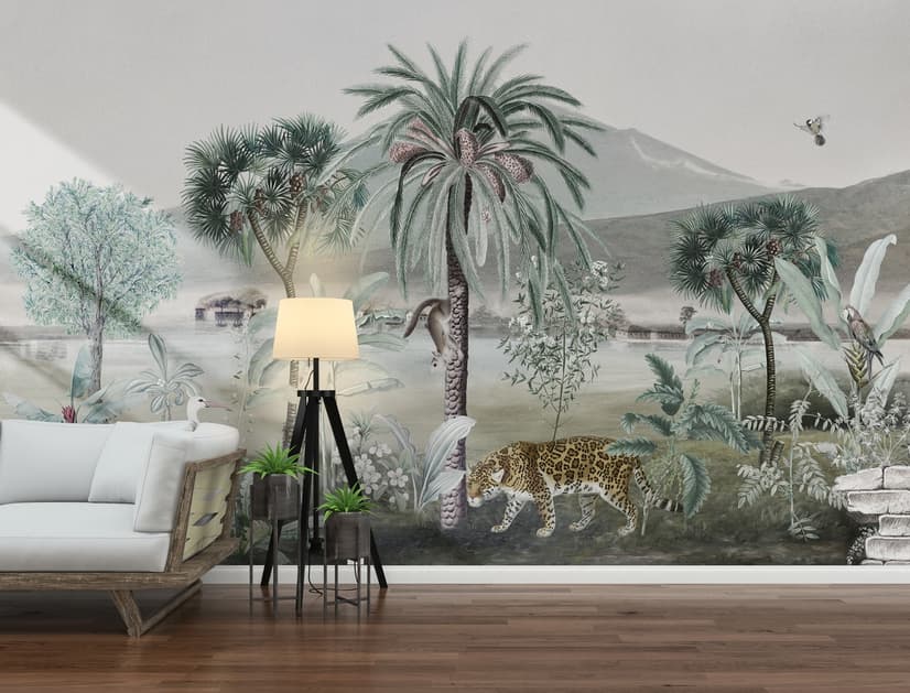 Vintage Exotic Landscape with Wild Animals Wallpaper Mural