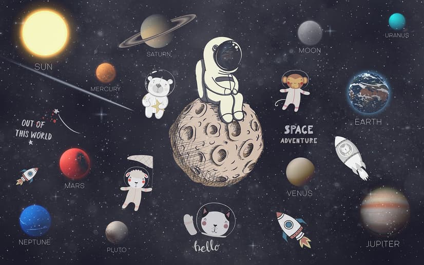 Astronaut and Animals in Space Wallpaper Mural for Children