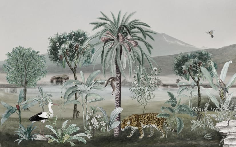 Vintage Exotic Landscape with Wild Animals Wallpaper Mural