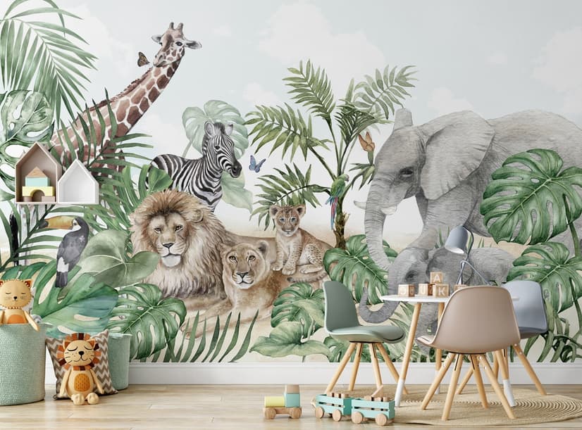 Kids Tropical Animals with Leafs Wallpaper Mural
