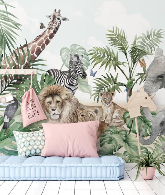 Kids Tropical Animals with Leafs Wallpaper Mural