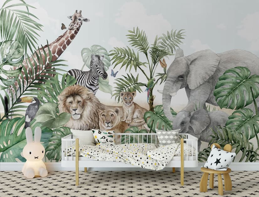 Kids Tropical Animals with Leafs Wallpaper Mural