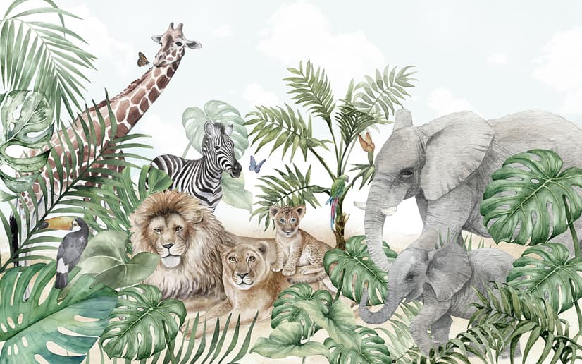 Kids Tropical Animals with Leafs Wallpaper Mural