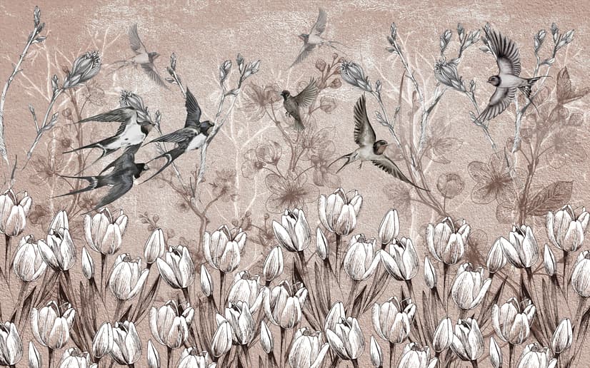 Flying Birds on Flowers Wallpaper Mural