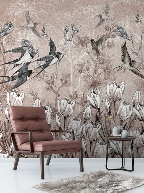 Flying Birds on Flowers Wallpaper Mural