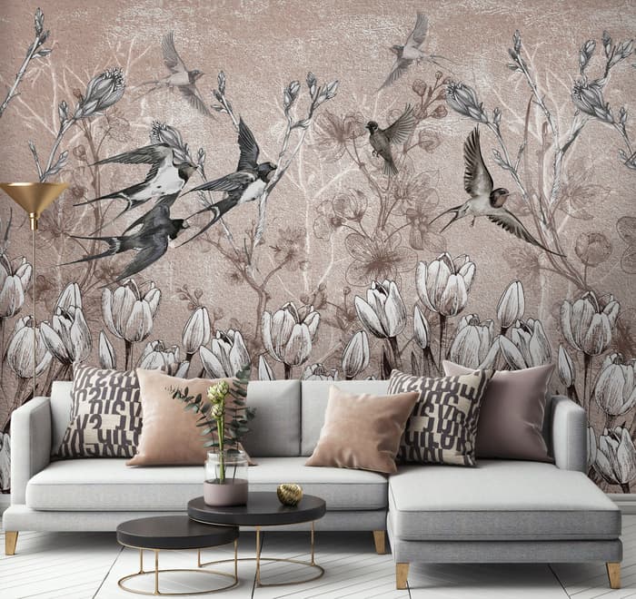 Flying Birds on Flowers Wallpaper Mural