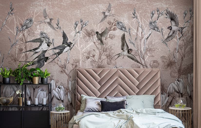 Flying Birds on Flowers Wallpaper Mural