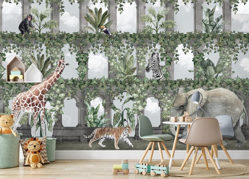 Kids Tropical Animals Around the Arch Wallpaper Mural