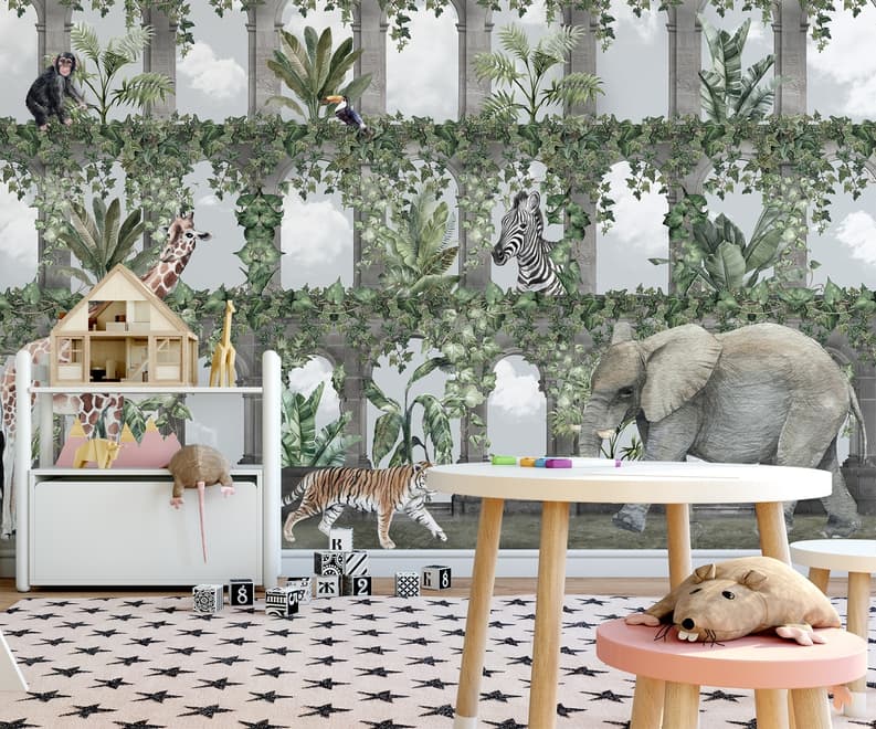 Kids Tropical Animals Around the Arch Wallpaper Mural