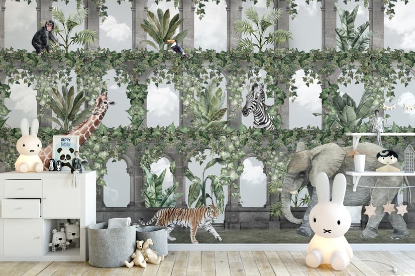 Kids Tropical Animals Around the Arch Wallpaper Mural