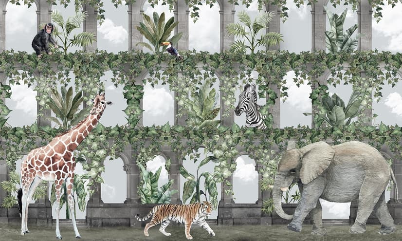 Kids Tropical Animals Around the Arch Wallpaper Mural