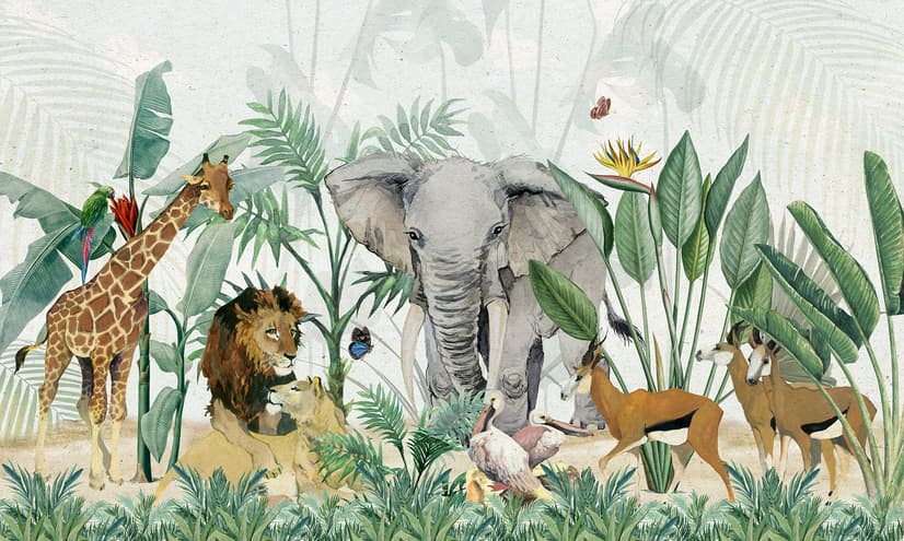 Kids Tropical Safari Animals with Green Leafs Wallpaper Mural