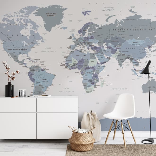 Papier peint panoramique de la carte du monde en blanc et violet