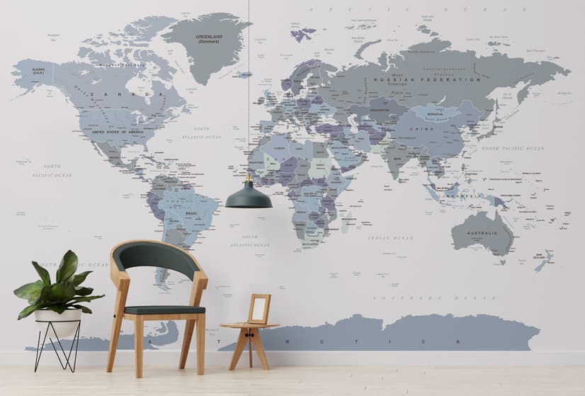 White and Purple Political World Map Wallpaper Mural