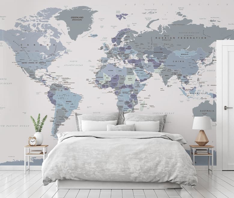 White and Purple Political World Map Wallpaper Mural