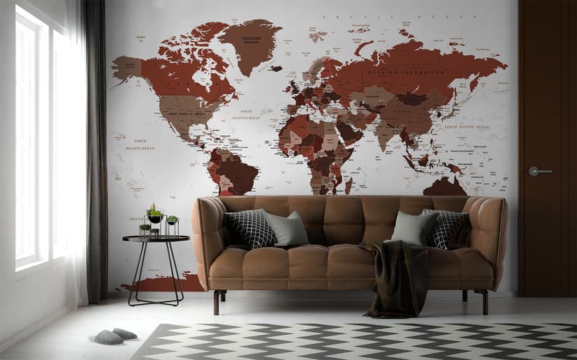 White and Brown Political World Map Wallpaper Mural