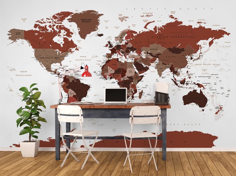 White and Brown Political World Map Wallpaper Mural