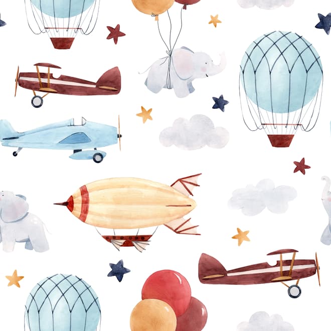 Kids Vintage Hot Air Balloon and Aircraft Pattern Wallpaper Mural