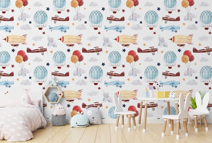 Papier peint panoramique motif montgolfière et avions vintage pour enfants