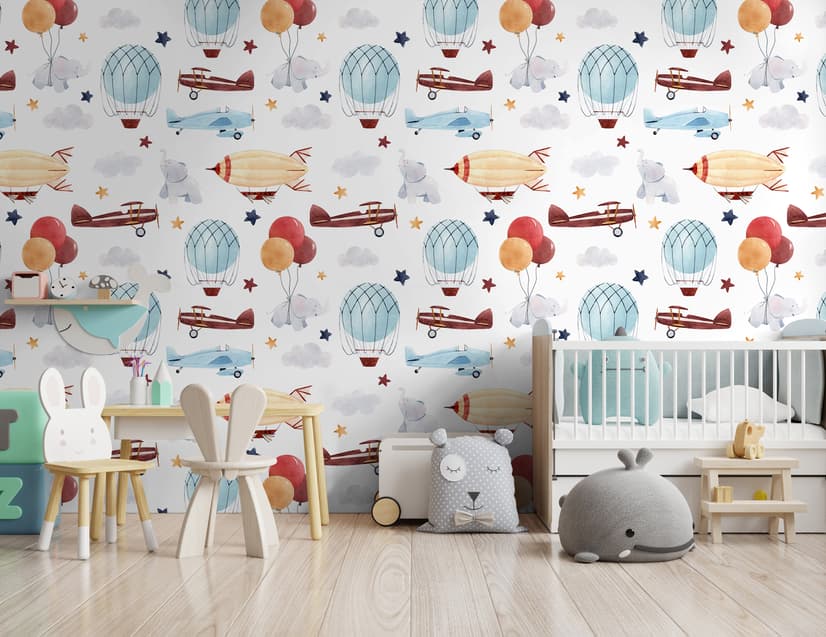 Kids Vintage Hot Air Balloon and Aircraft Pattern Wallpaper Mural