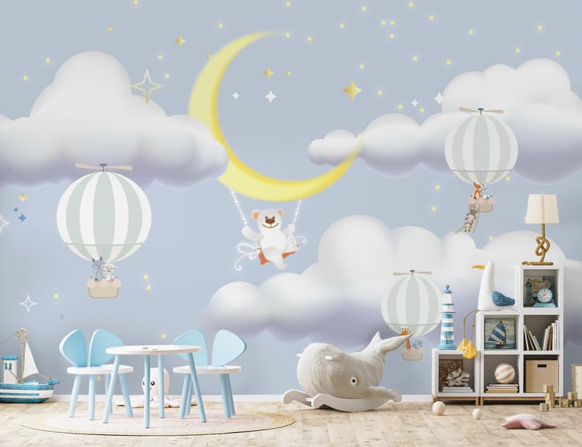 Papier peint nuage dessin animé et lune jaune pour enfants