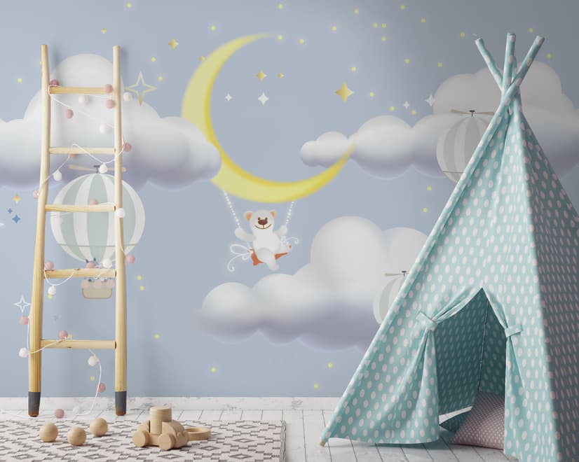 Kids Cartoon Cloud and Yellow Moon Wallpaper Mural