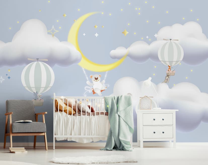 Kids Cartoon Cloud and Yellow Moon Wallpaper Mural