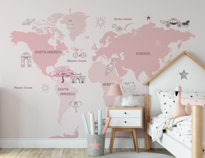 For Girls Pink Monochrome World Map Wallpaper Mural