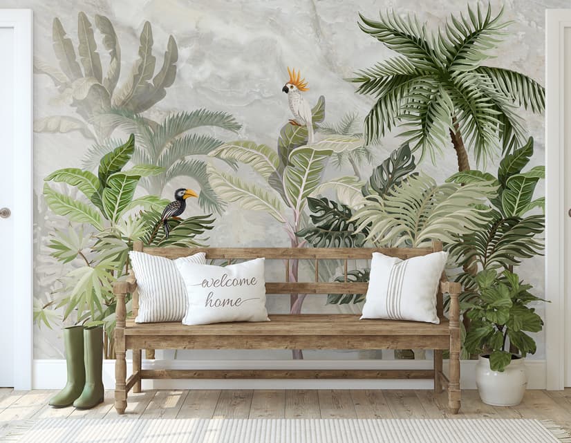 Green Tropical Forest with Parrot Wallpaper Mural