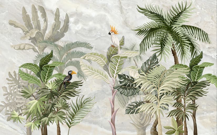 Green Tropical Forest with Parrot Wallpaper Mural