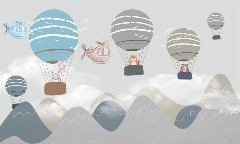 Kids Cartoon Hot Air Balloon and Airplane Wallpaper Mural