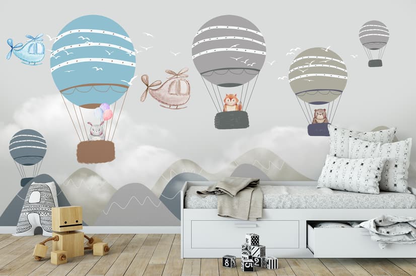 Kids Cartoon Hot Air Balloon and Airplane Wallpaper Mural