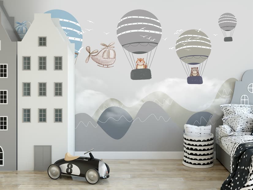 Kids Cartoon Hot Air Balloon and Airplane Wallpaper Mural
