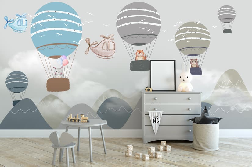 Kids Cartoon Hot Air Balloon and Airplane Wallpaper Mural