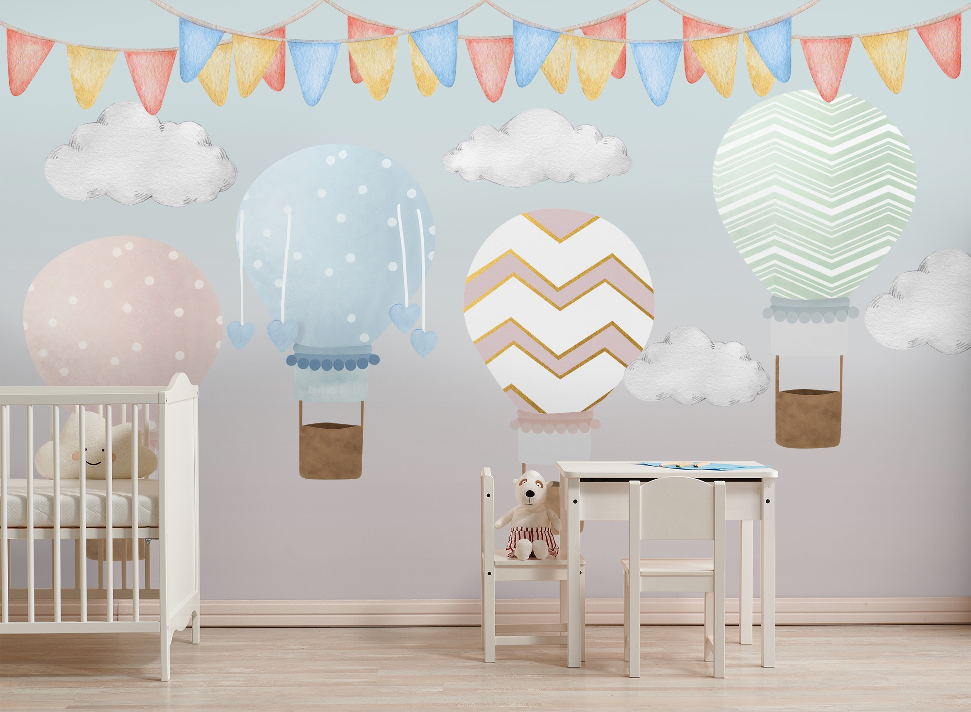 Kids Colorful Hot Air Balloon with Watercolor Flags Wallpaper Mural