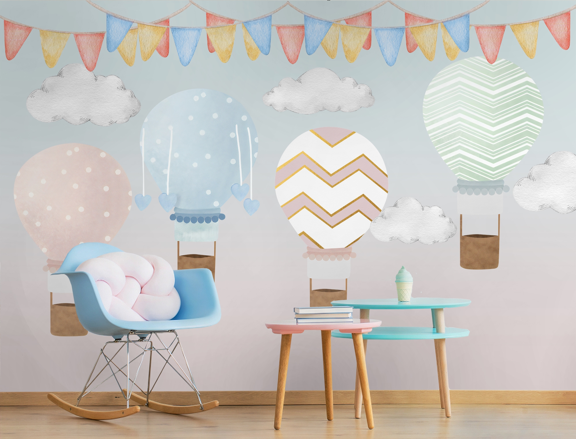 Kids Colorful Hot Air Balloon with Watercolor Flags Wallpaper Mural